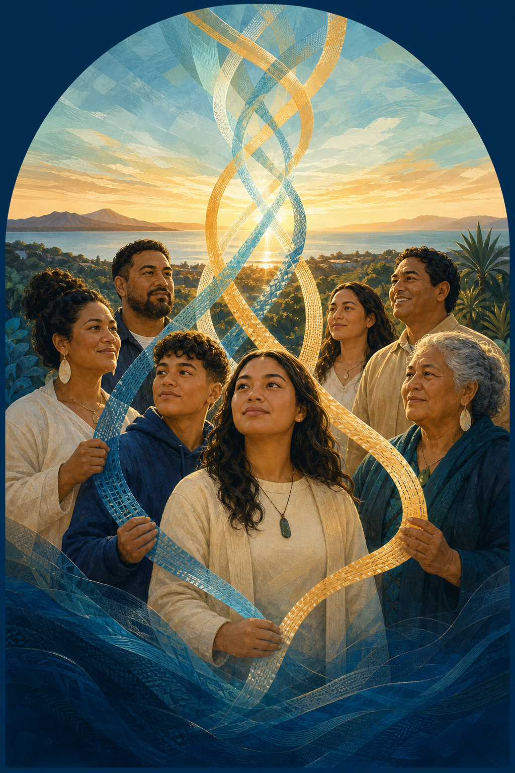 A multigenerational South Auckland church community standing together, woven by seven strands of light